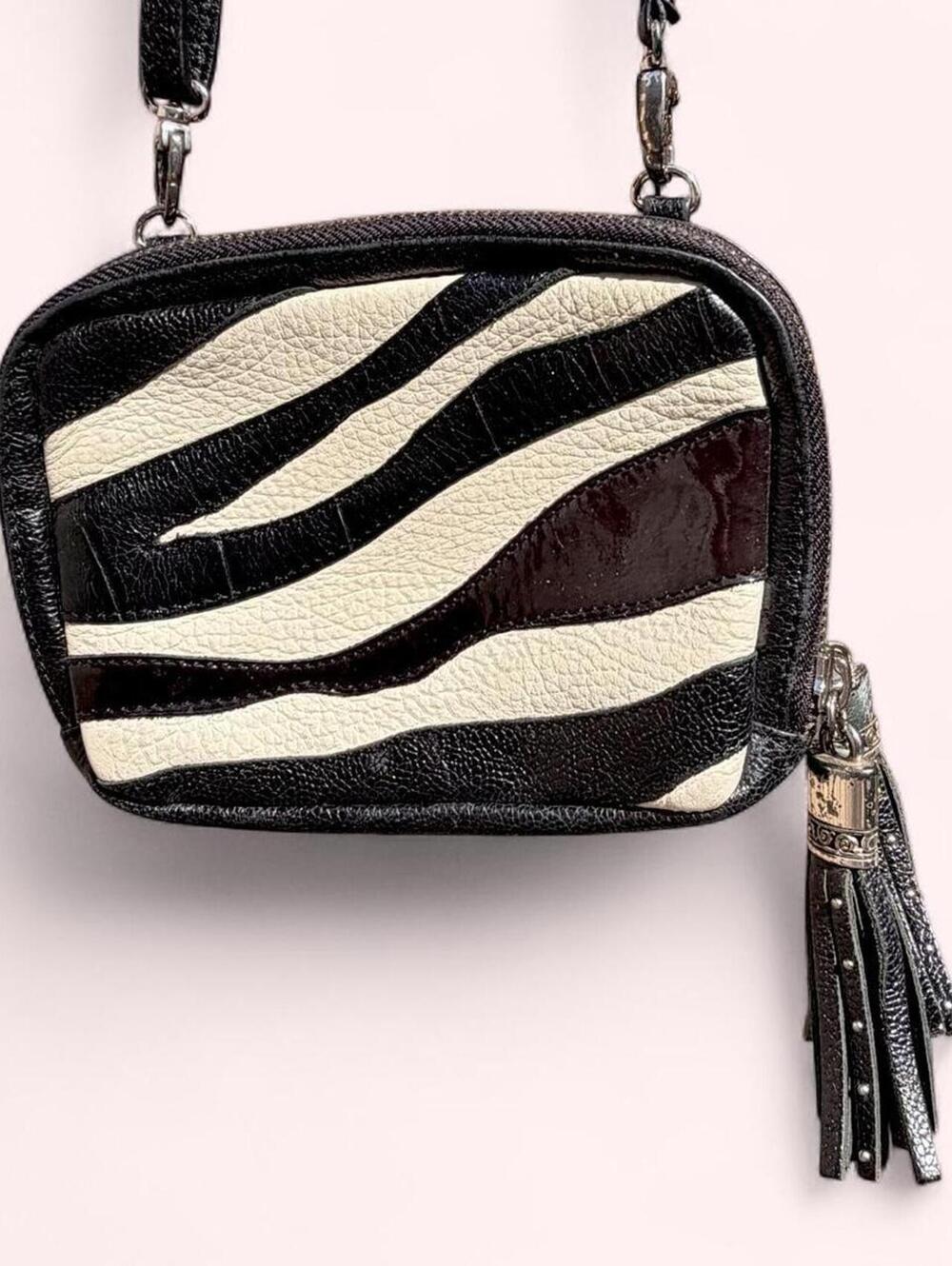 Brighton black and white zebra stripe mini crossbody bag with tassel